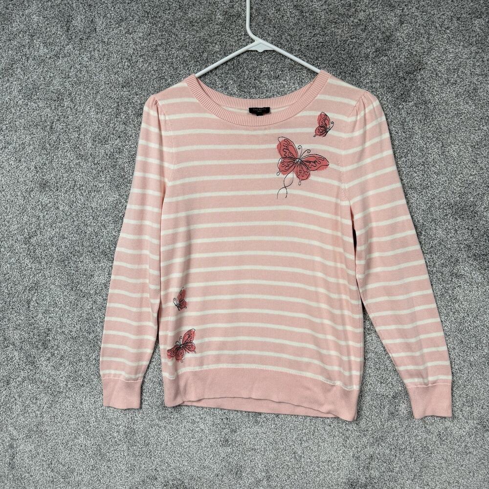 Talbots Sweater Women MP Petite Pink White Striped Butterfly Coastal Spring Boho